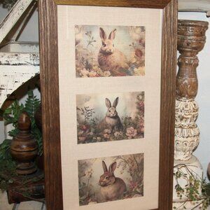 French Country Rustic Farmhouse Framed Woodland Bunny Rabbit Trio Wall Decor